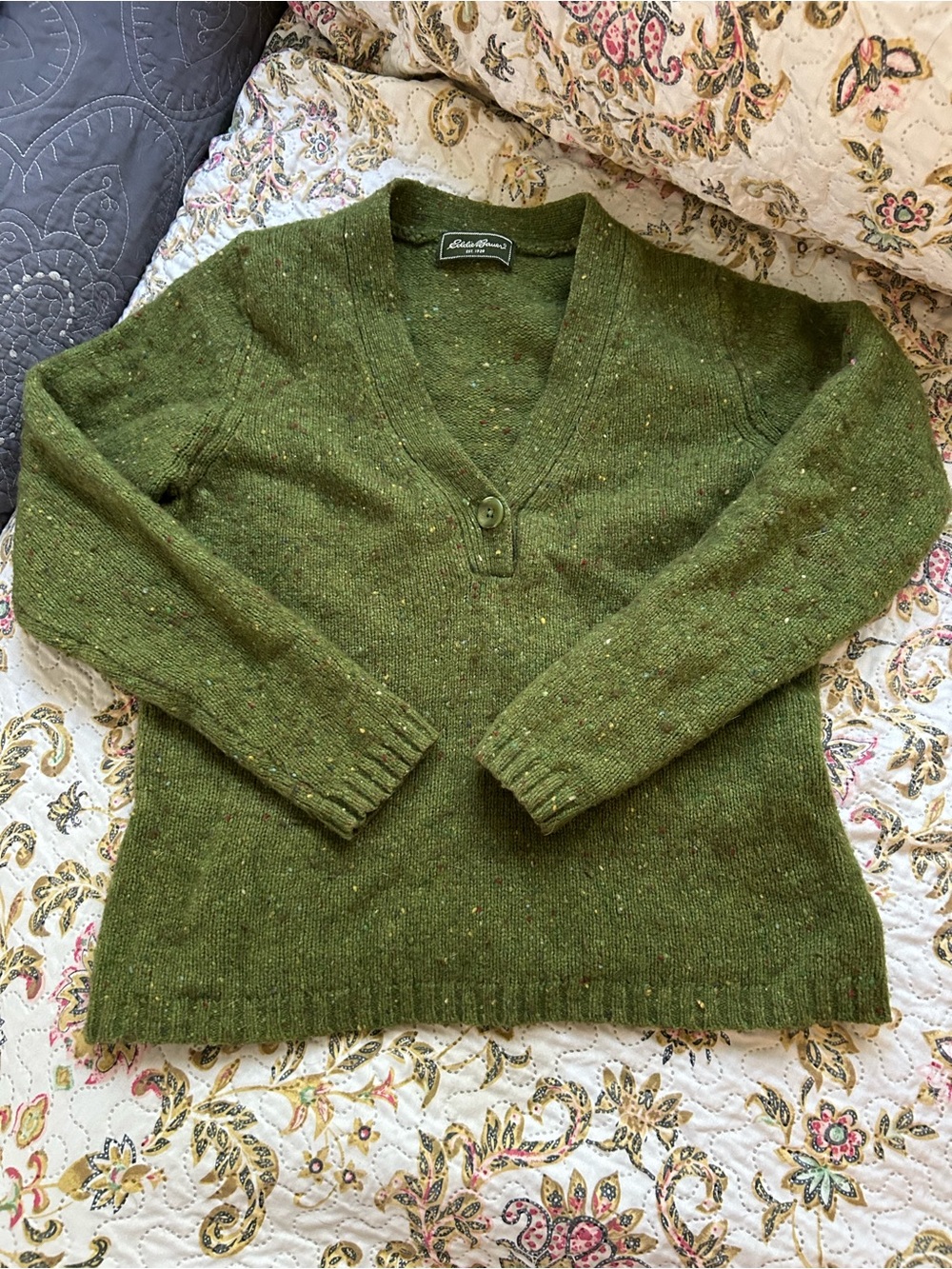 Eddie Bauer Olive Green Speckled V-Neck Sweater